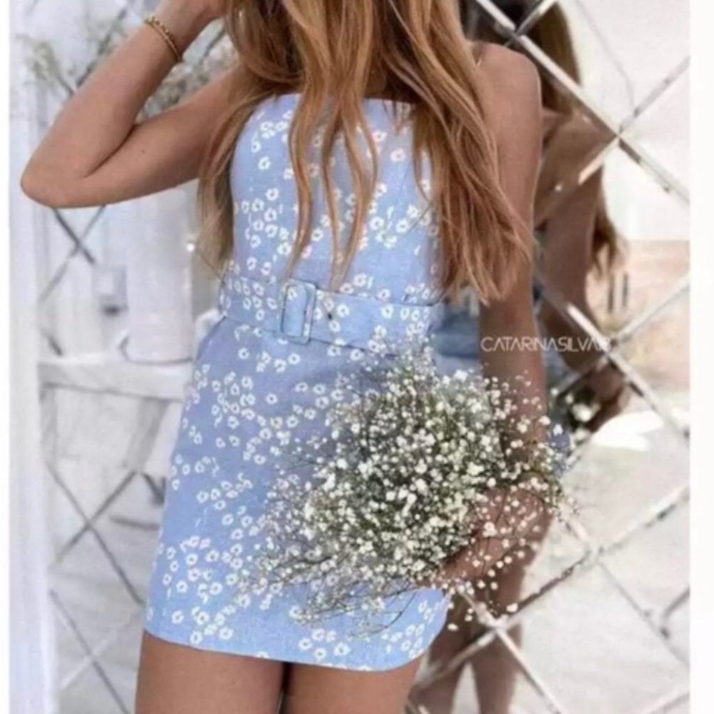 NWOT Linen Blend Dress Blue White Floral Sleeveless Square Neck